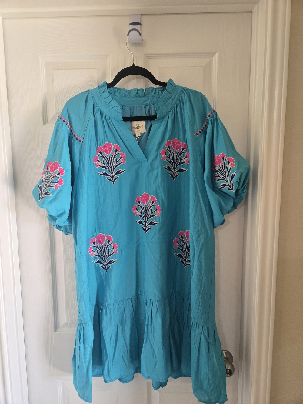 Umgee Turquoise Midi Dress with Pink Floral Embroidery